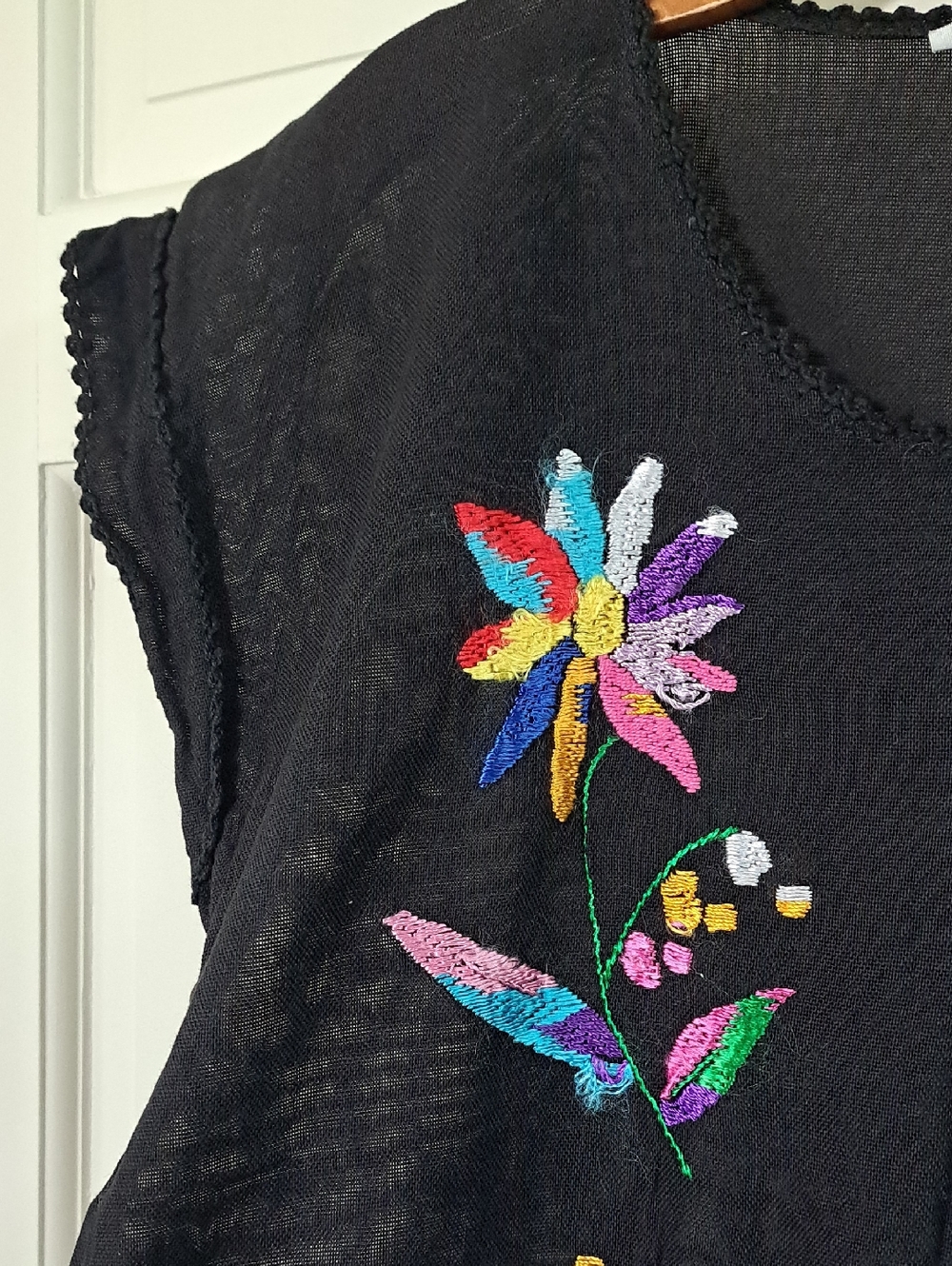 Embroidered Floral Blk Oversized Sheer Cotton Midi Cover Up Airy Beach Dress - Picture 3 of 9